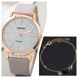2pc mauve/rose gold silver glitter watch & black/gold heart bracelet set
